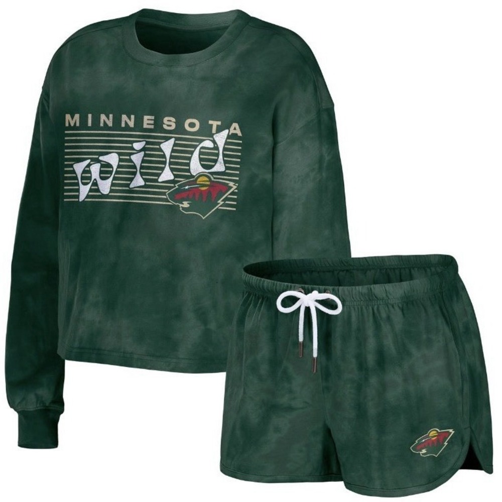 NWT WOMEN'S‎ XS MINNESOTA WILD TWO PIECE PAJAMA SET LONG SLEEVE/SHORTS GREEN